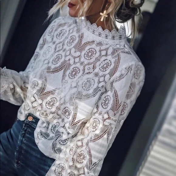 Figleaffashion White Floral Lace Long Sleeve Tee - Picture 1 of 6